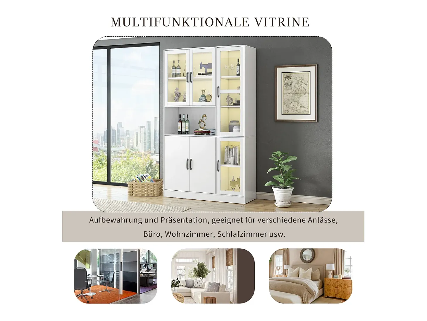 Vitrina blanca con LED, 9 espacios de almacenaje, MDF, blanco (120x40x200 cm)