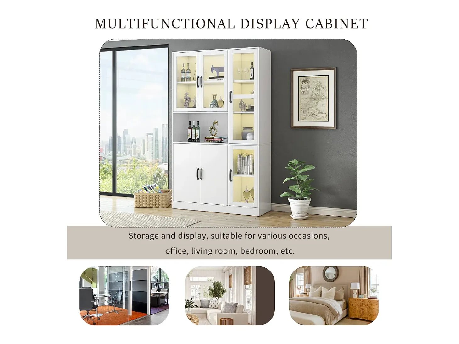 Vitrina blanca con LED, 9 espacios de almacenaje, MDF, blanco (120x40x200 cm)