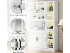Vitrina blanca con luz LED y puertas para almacenamiento en sala de estar/dormitorio.