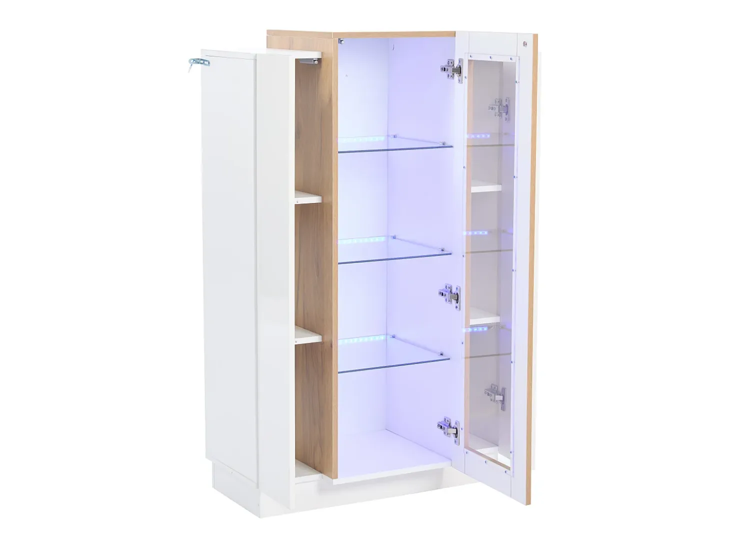 Vitrina blanca 74x40x120cm con 3 puertas, 1 de ellas acrílica, estantes de cristal, LED incluido