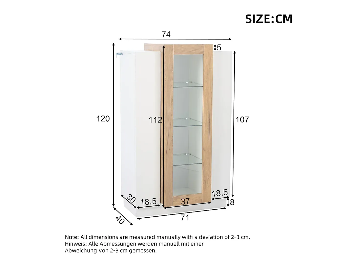 Vitrina blanca 74x40x120cm con 3 puertas, 1 de ellas acrílica, estantes de cristal, LED incluido