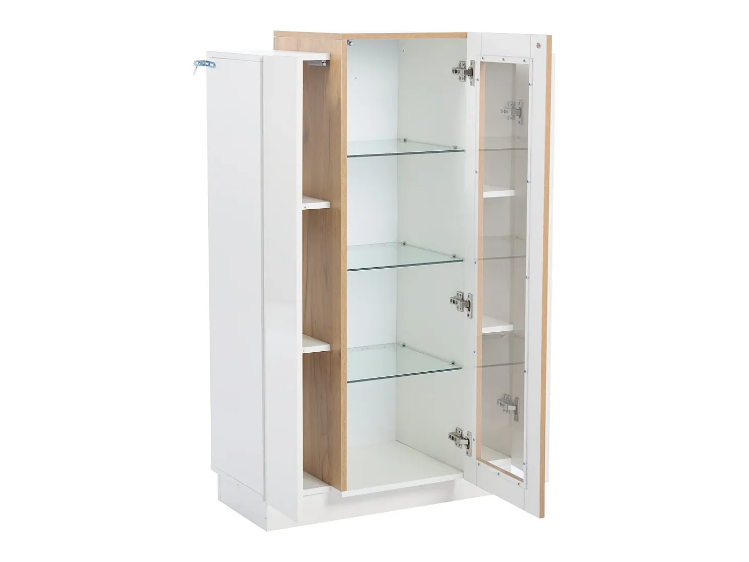 Vitrina blanca 74x40x120cm con 3 puertas, 1 de ellas acrílica, estantes de cristal, LED incluido