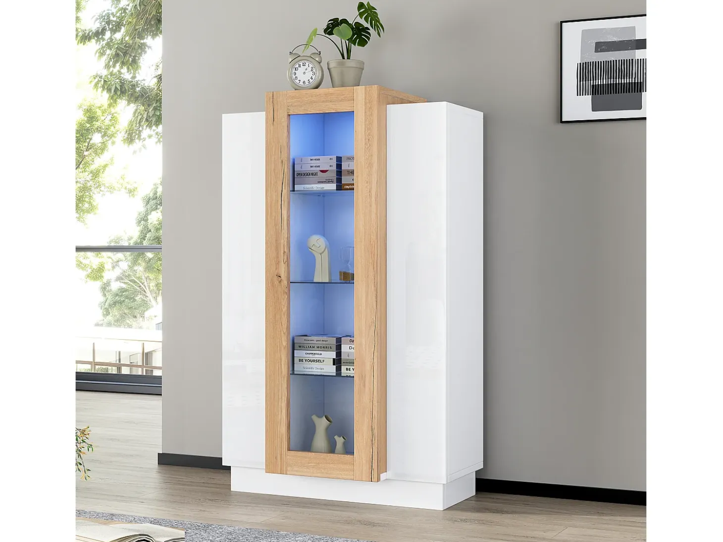 Vitrina blanca 74x40x120cm con 3 puertas, 1 de ellas acrílica, estantes de cristal, LED incluido