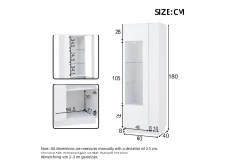 Vitrina brillante - 60 x 40 x 180 cm - con LEDs + 3 estantes de cristal - aglomerado - blanco