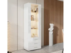 Vitrina brillante - con LED - 3 cajones y estantes - 60x35x180 cm - MDF - Blanco