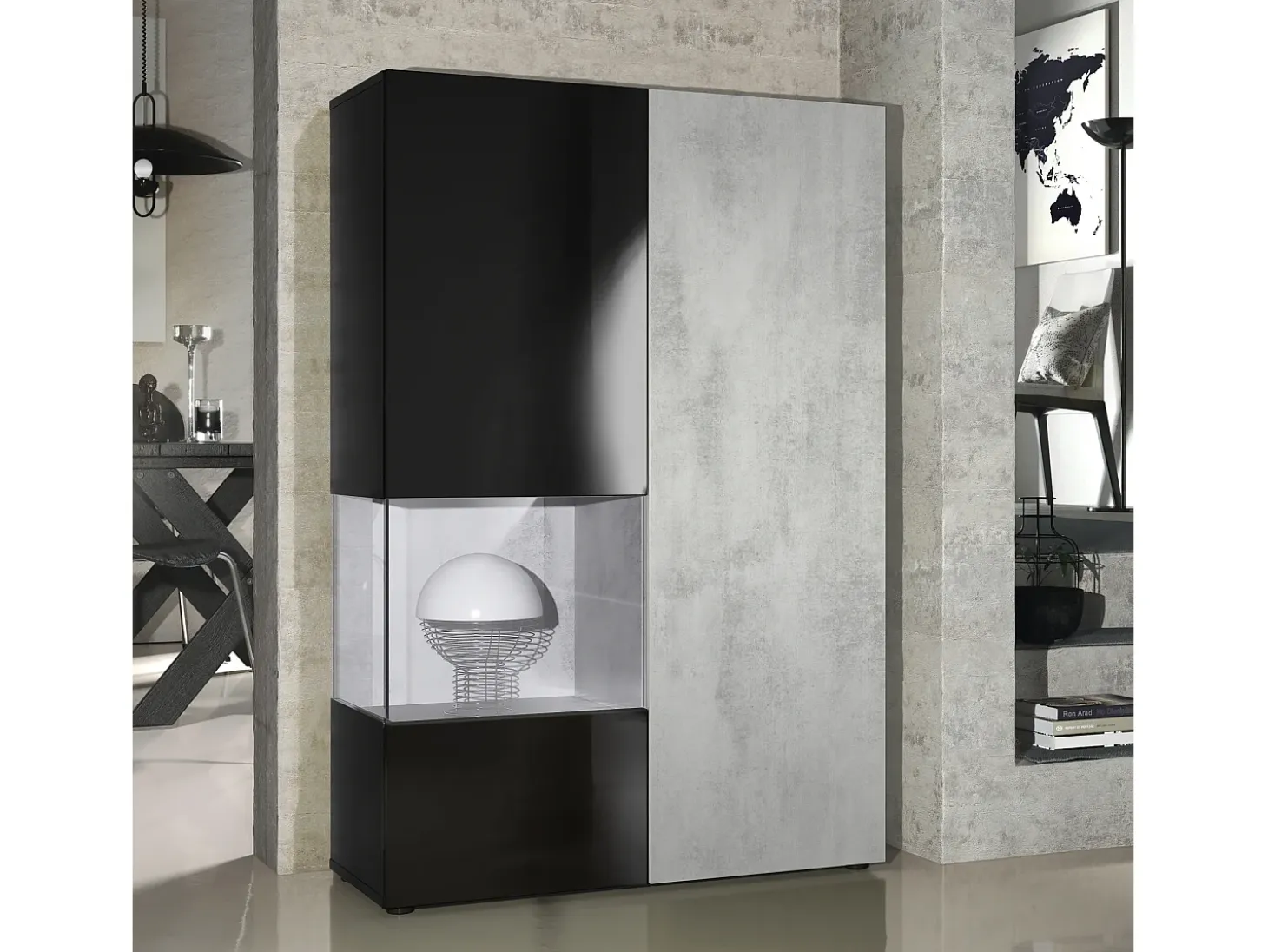 Vitrina Cómoda Morena, cuerpo en negro mate/ puerta derecha e inserción con apariencia de óxido de hormigón