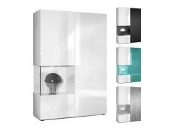 Vitrina Cómoda Morena, cuerpo en blanco mate/ puerta derecha e inserción en gris arena de alto brillo con iluminación LED