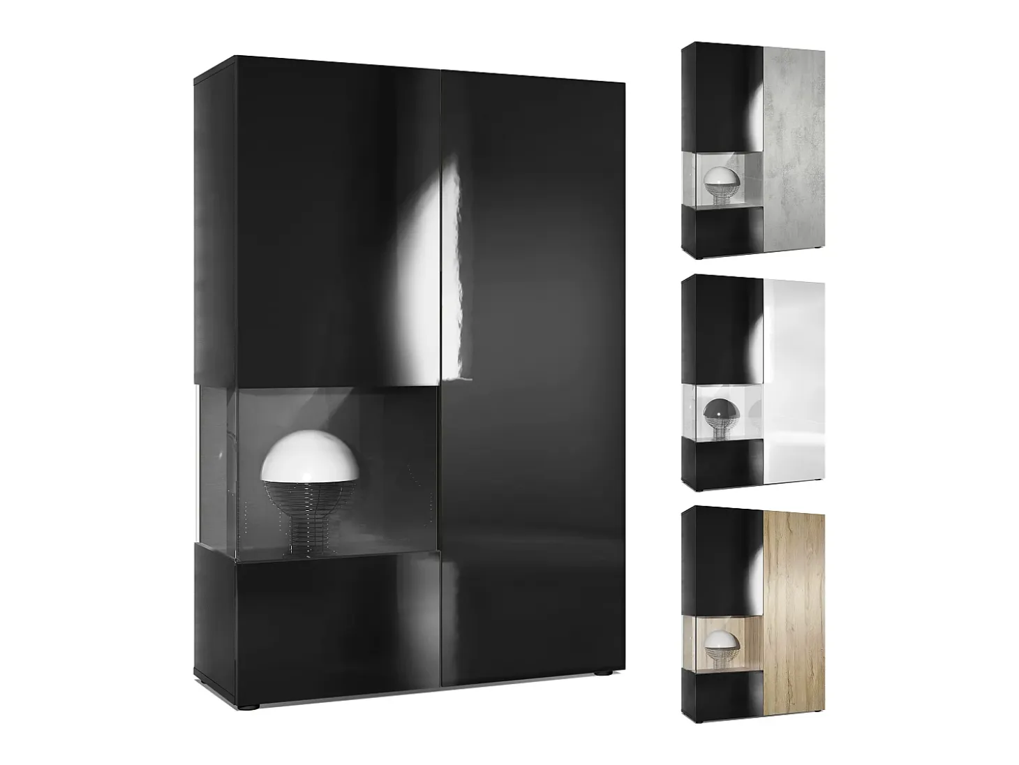 Vitrina Cómoda Morena, cuerpo en negro mate/ puerta derecha e inserción en negro de alto brillo con iluminación LED
