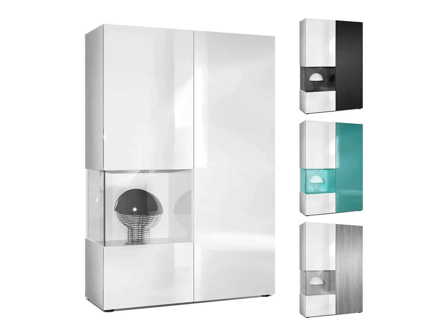 Vitrina Cómoda Morena, cuerpo en blanco mate/ puerta derecha e inserción en negro de alto brillo con iluminación LED