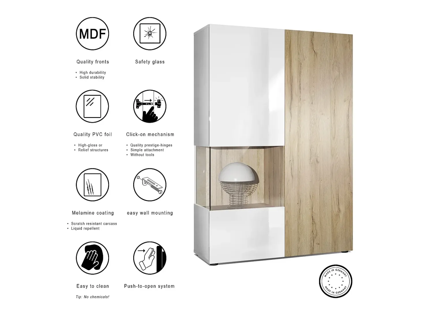 Vitrina Cómoda Morena, cuerpo en blanco mate/ puerta derecha e inserción en negro mate