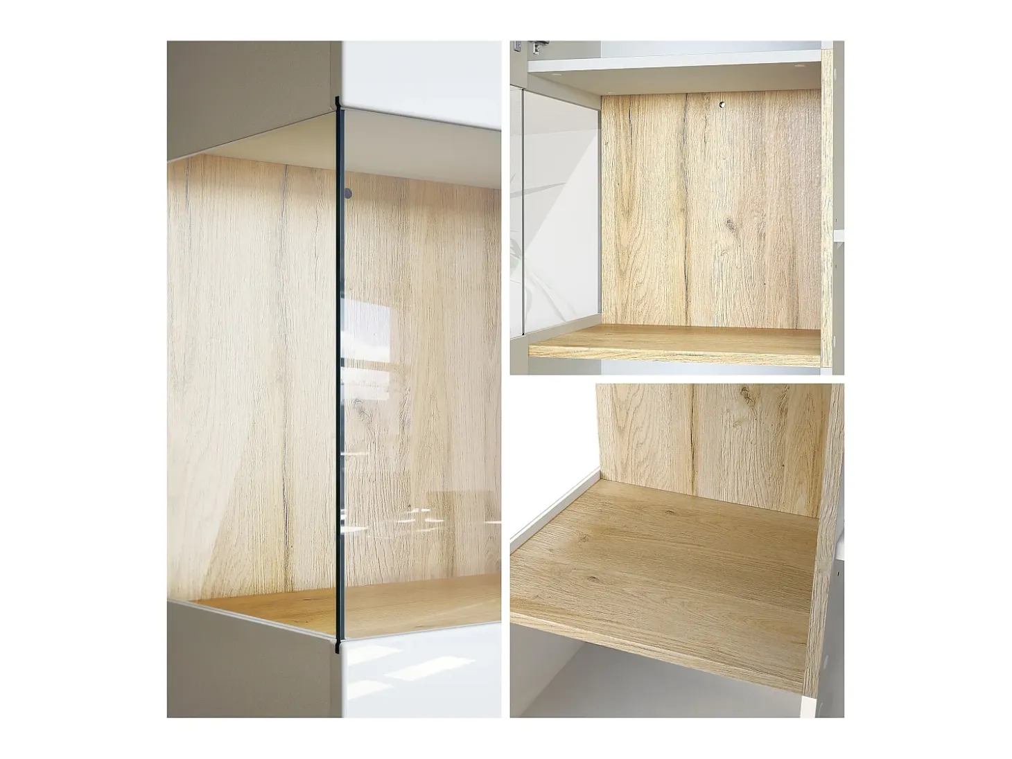 Vitrina Cómoda Morena, cuerpo en negro mate/ puerta derecha e inserción en gris arena de alto brillo