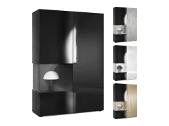 Vitrina Cómoda Morena, cuerpo en negro mate/ puerta derecha e inserción en gris arena de alto brillo con iluminación LED