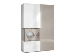 Vitrina Cómoda Morena, cuerpo en blanco mate/ puerta derecha e inserción en gris arena de alto brillo