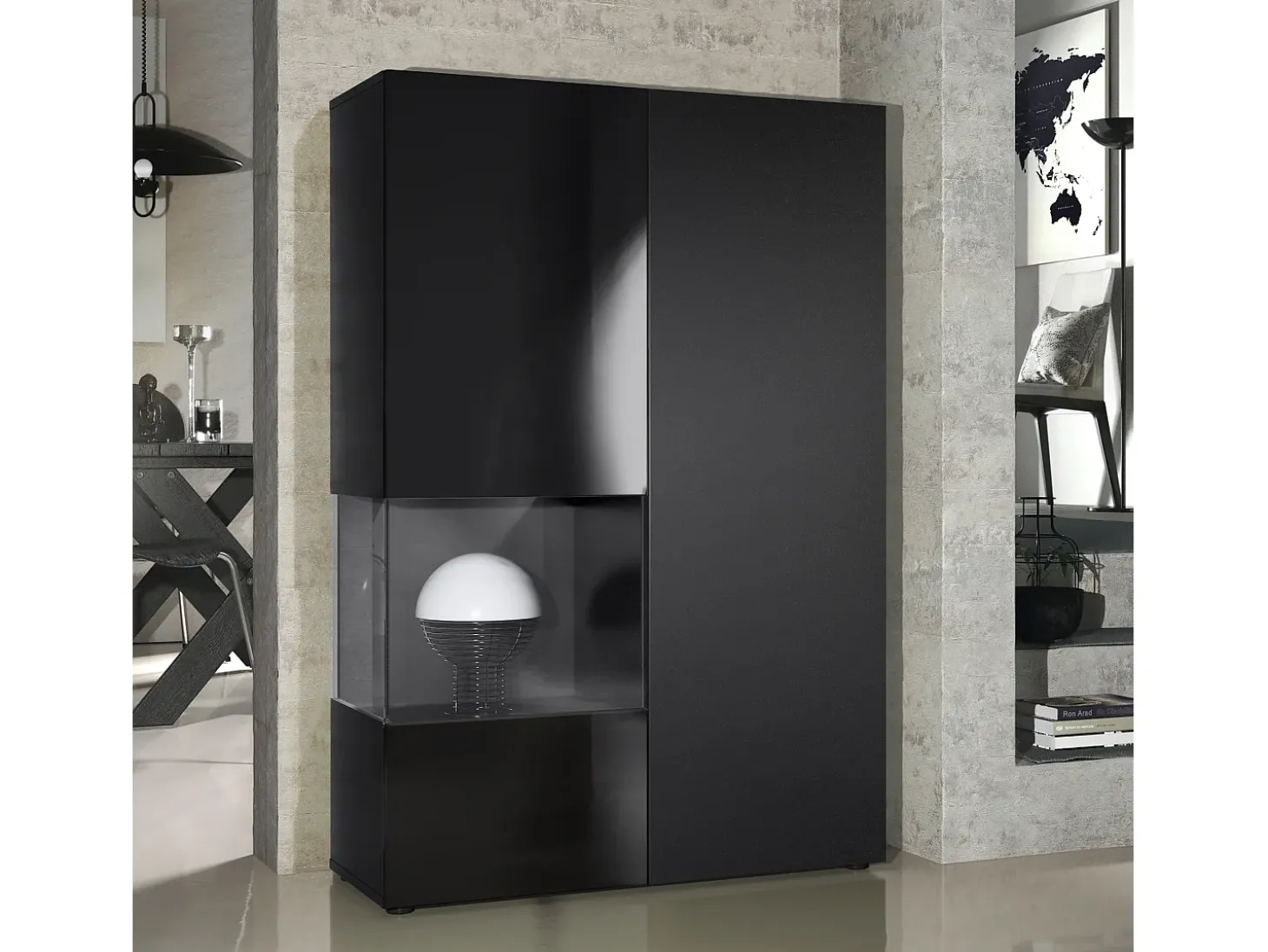 Vitrina Cómoda Morena, cuerpo en negro mate/ puerta derecha e inserción en negro mate