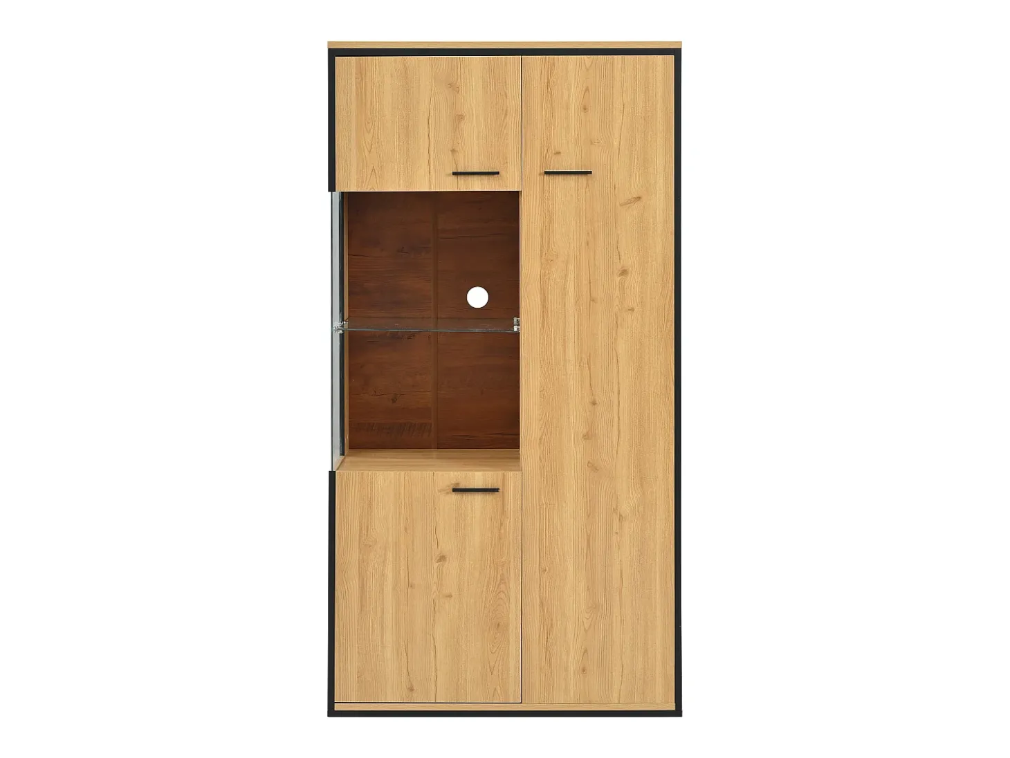 Vitrina color natural con 3 puertas, iluminación LED y estantes de cristal, MDF