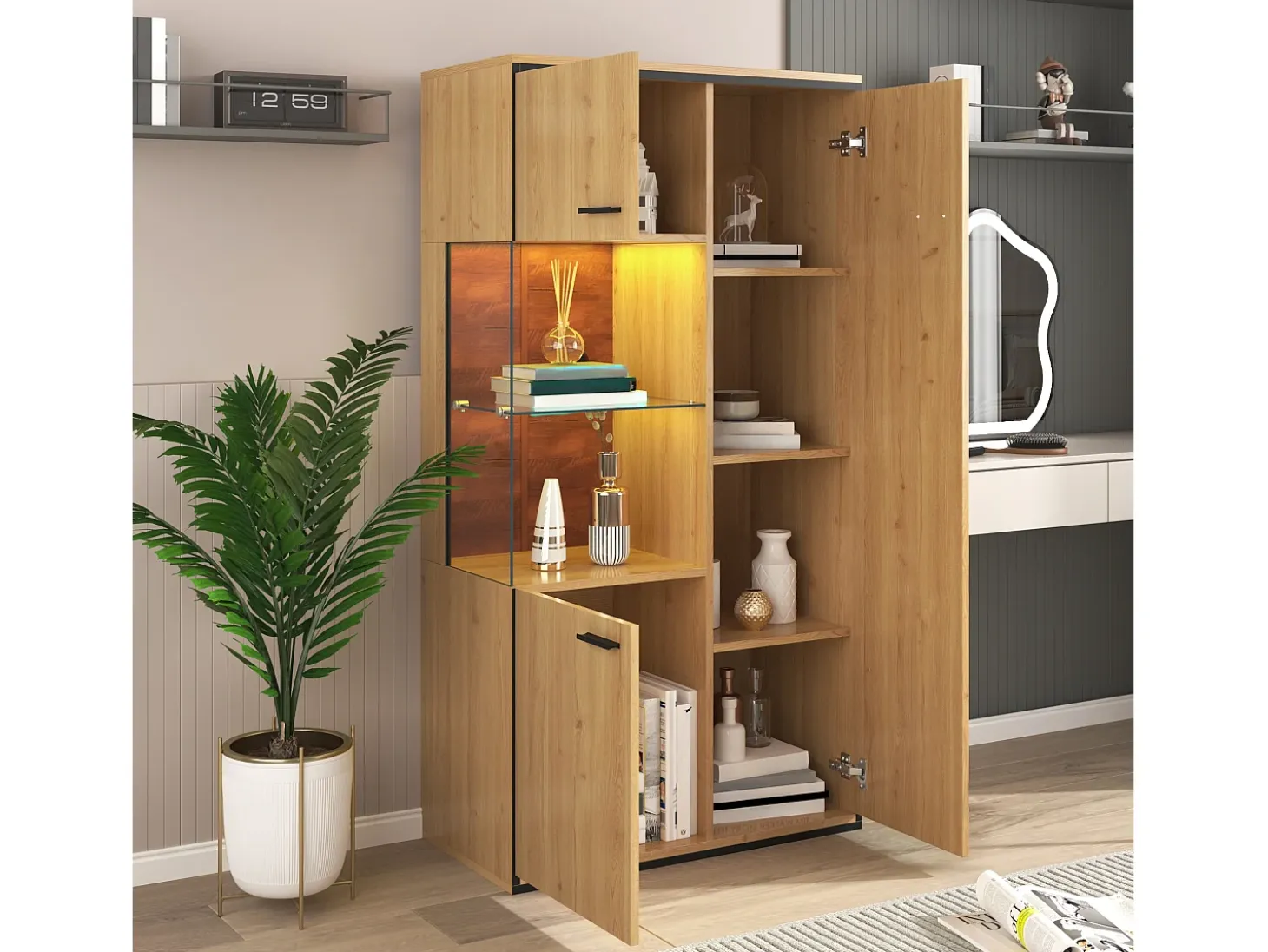 Vitrina color natural con 3 puertas, iluminación LED y estantes de cristal, MDF