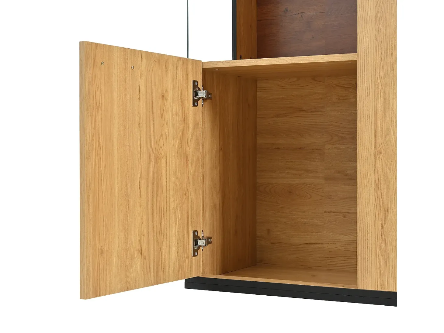 Vitrina color natural con 3 puertas, iluminación LED y estantes de cristal, MDF