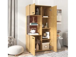 Vitrina color natural con 3 puertas, iluminación LED y estantes de cristal, MDF
