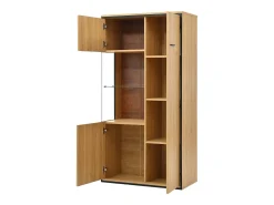 Vitrina color natural con 3 puertas, iluminación LED y estantes de cristal, MDF