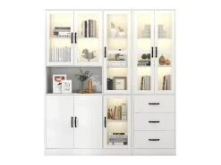 Vitrina combinada moderna con 8 puertas y 3 cajones - LED - Madera MDF - Lacado blanco - 180 x 40 x 200 cm