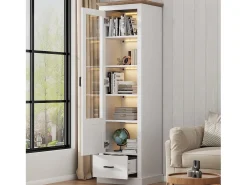 Vitrina con 1 puerta de cristal y 1 cajón - 50 x 35 x 178 cm - LEDs - Tablero de partículas y cristal - Blanco