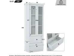 Vitrina con 2 puertas y 2 cajones - 60 x 36 x 165 cm - LEDs - Estantes regulables - Tablero de partículas + MDF - Blanco