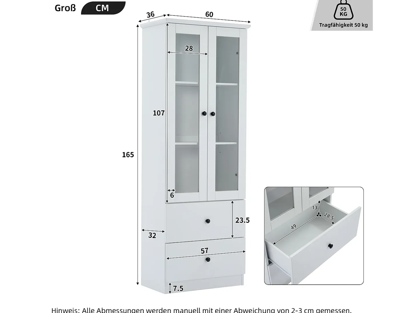 Vitrina con 2 puertas y 2 cajones - 60 x 36 x 165 cm - LEDs - Estantes regulables - Tablero de partículas + MDF - Blanco