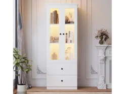 Vitrina con 2 puertas y 2 cajones - 60 x 36 x 165 cm - LEDs - Estantes regulables - Tablero de partículas + MDF - Blanco