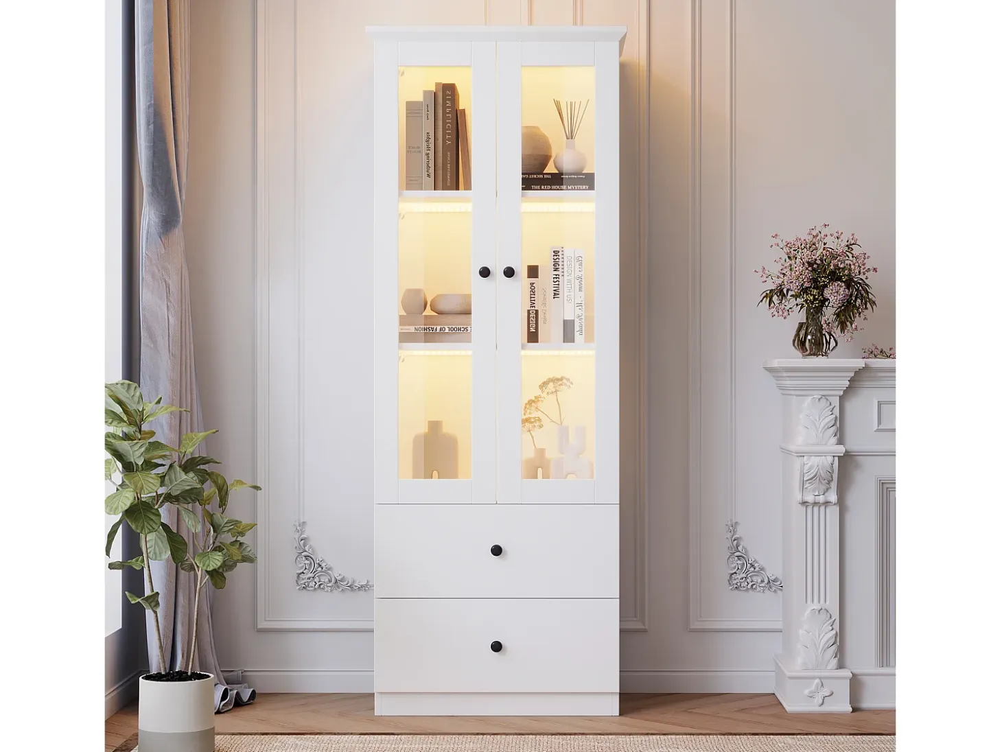 Vitrina con 2 puertas y 2 cajones - 60 x 36 x 165 cm - LEDs - Estantes regulables - Tablero de partículas + MDF - Blanco
