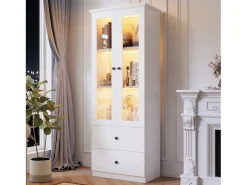 Vitrina con 2 puertas y 2 cajones - 60 x 36 x 165 cm - LEDs - Estantes regulables - Tablero de partículas + MDF - Blanco