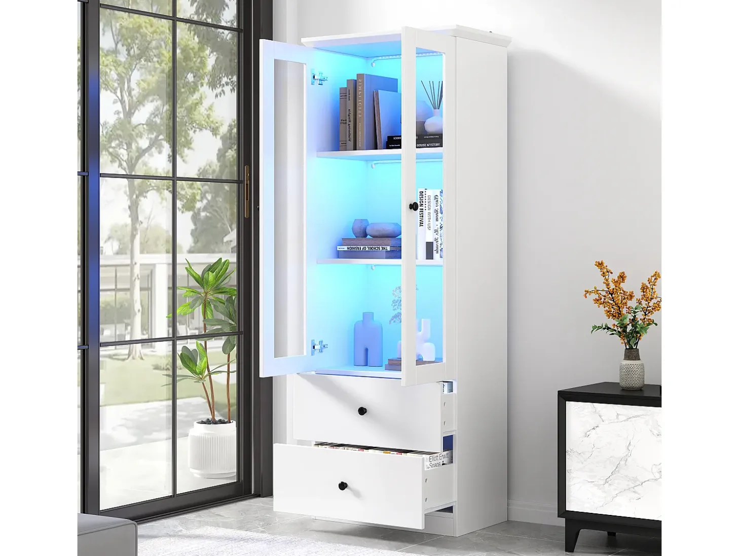 Vitrina con 2 puertas y 2 cajones - 60 x 36 x 165 cm - LEDs - Estantes regulables - Tablero de partículas + MDF - Blanco