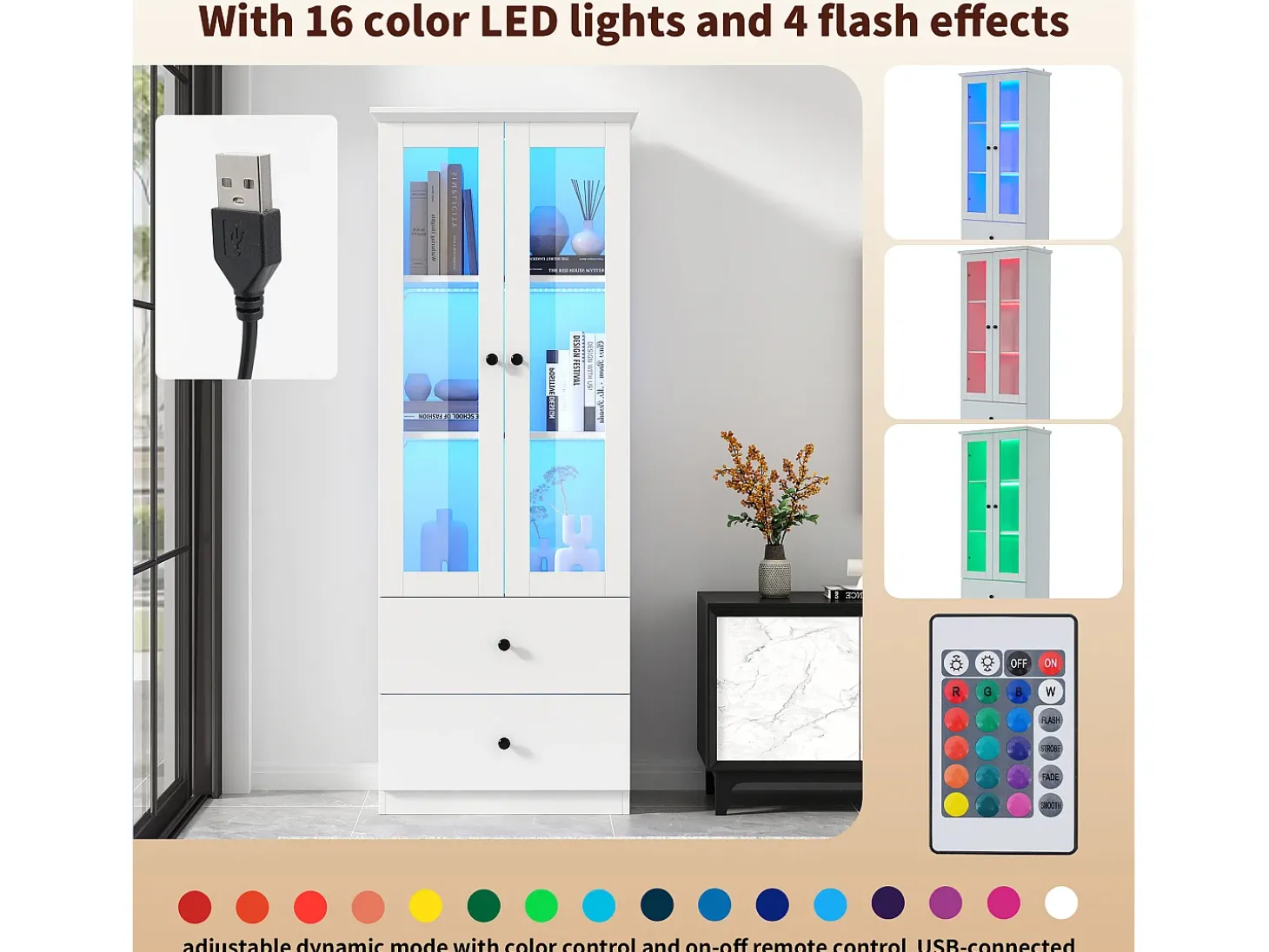 Vitrina con 2 puertas y 2 cajones - 60 x 36 x 165 cm - LEDs - Estantes regulables - Tablero de partículas + MDF - Blanco