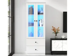Vitrina con 2 puertas y 2 cajones - 60 x 36 x 165 cm - LEDs - Estantes regulables - Tablero de partículas + MDF - Blanco