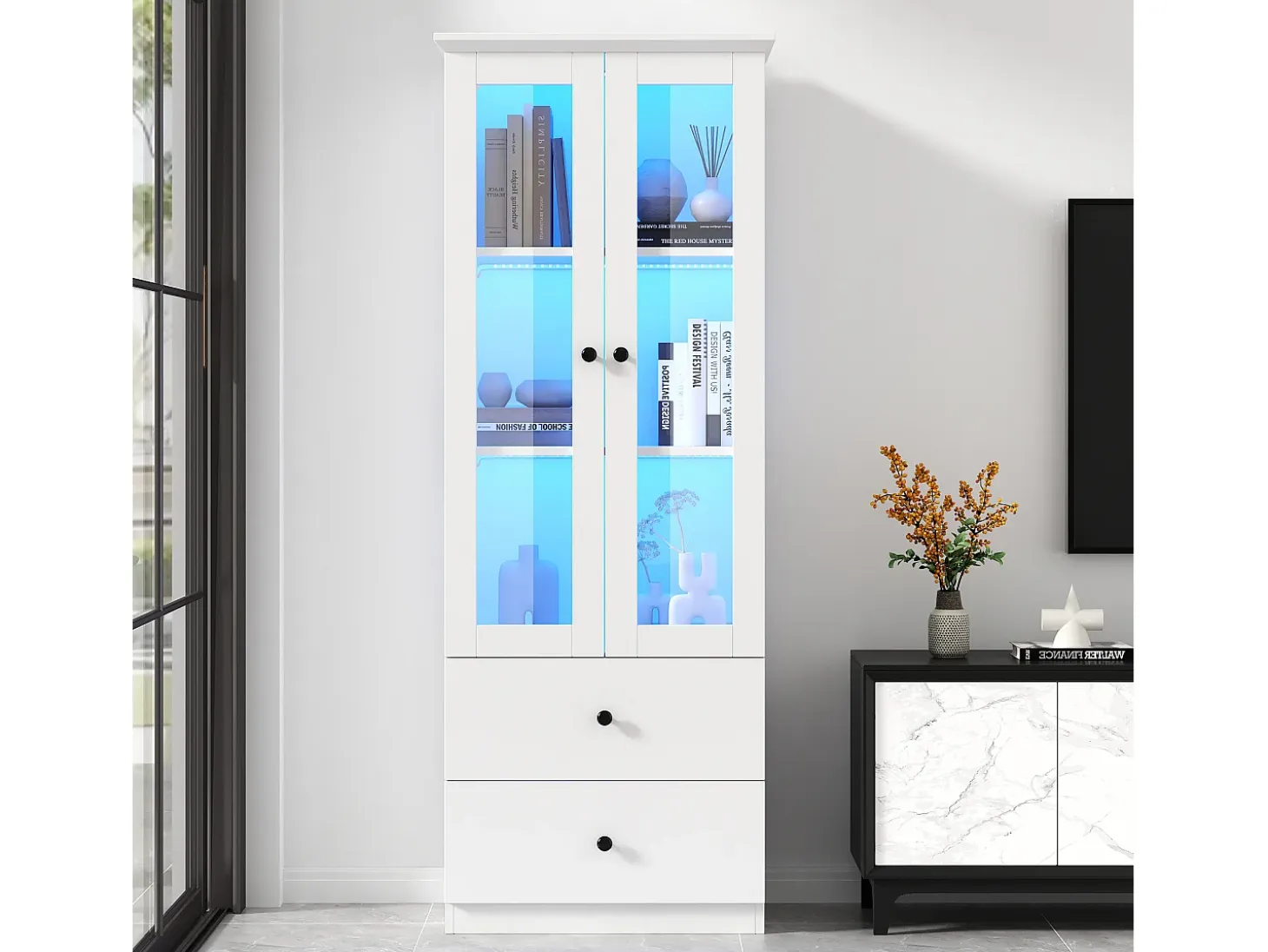 Vitrina con 2 puertas y 2 cajones - 60 x 36 x 165 cm - LEDs - Estantes regulables - Tablero de partículas + MDF - Blanco