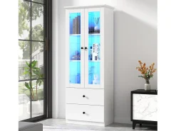Vitrina con 2 puertas y 2 cajones - 60 x 36 x 165 cm - LEDs - Estantes regulables - Tablero de partículas + MDF - Blanco