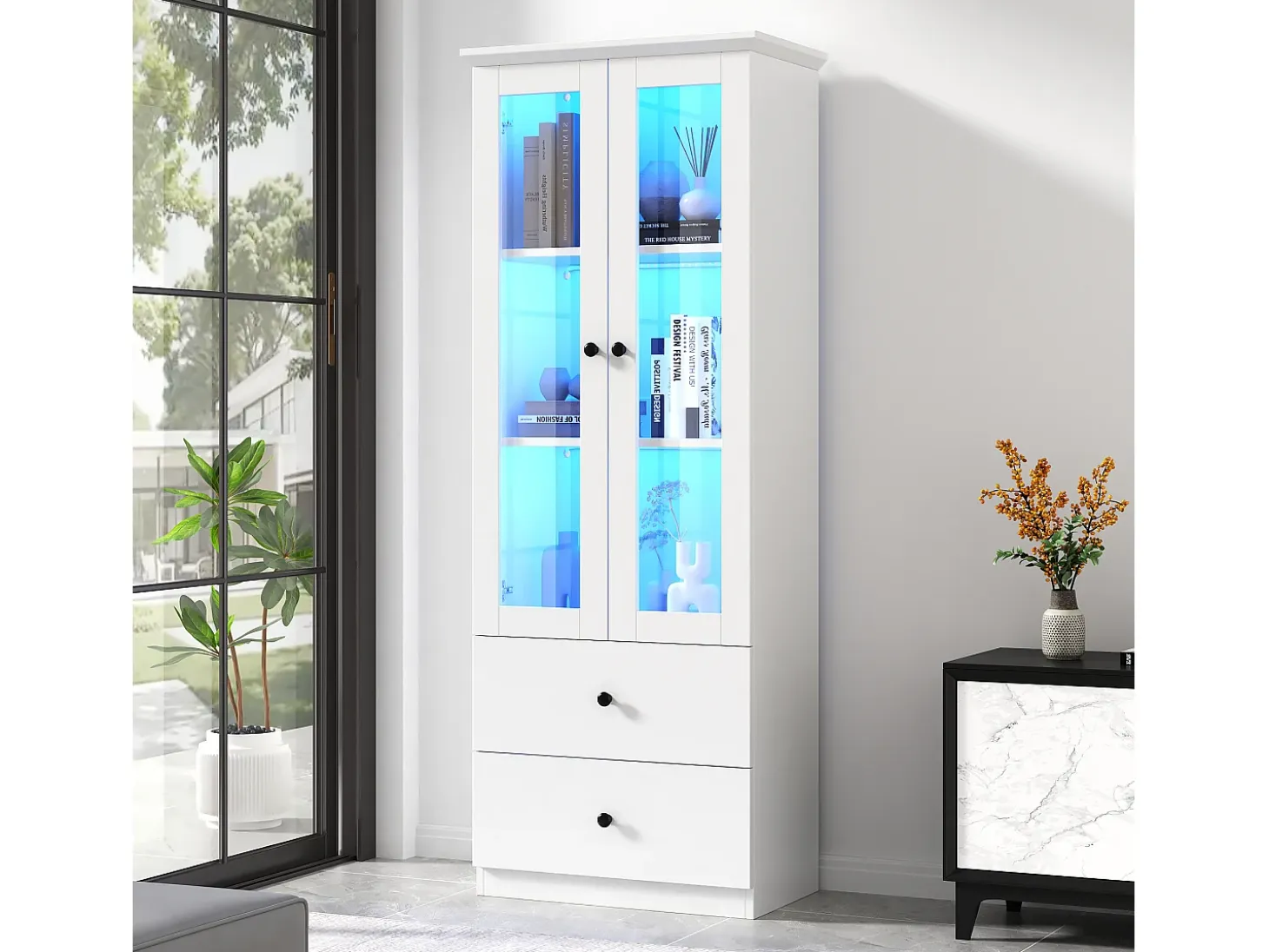 Vitrina con 2 puertas y 2 cajones - 60 x 36 x 165 cm - LEDs - Estantes regulables - Tablero de partículas + MDF - Blanco
