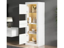 Vitrina con 2 puertas y estantes de cristal, cuerpo lacado en blanco, LED incluido - 61x42x162cm