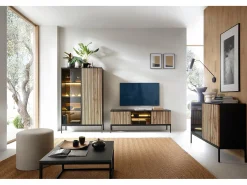 Vitrina con 2 puertas y LED integrado Negro y Roble 104x166 cm
