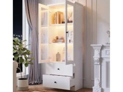 Vitrina con iluminación LED de 16 colores, 2 cajones y 2 puertas de cristal - Blanca