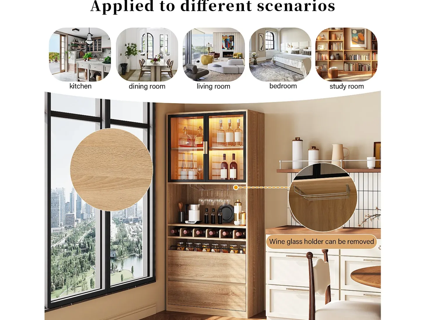Vitrina con iluminación LED, puertas de cristal, MDF, natural (80x40x180 cm)