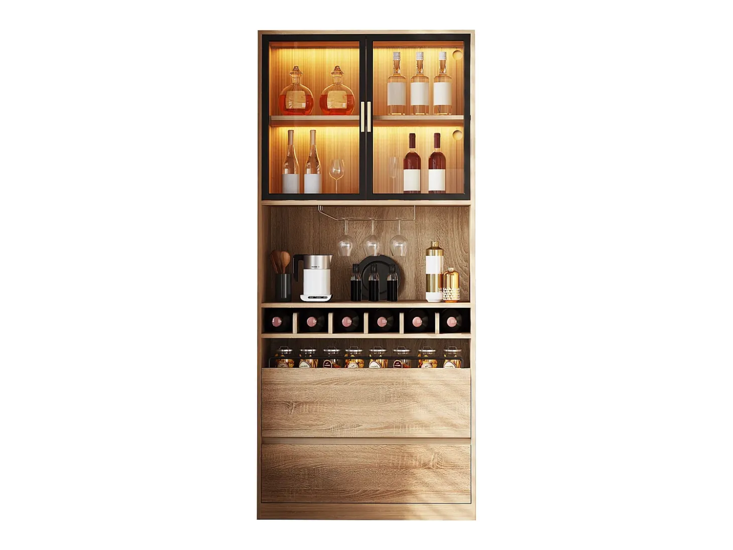 Vitrina con iluminación LED, puertas de cristal, MDF, natural (80x40x180 cm)