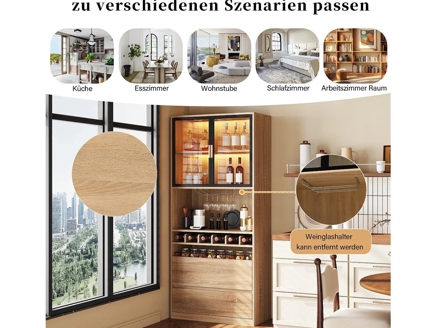 Vitrina con iluminación LED, puertas de cristal, MDF, natural (80x40x180 cm)