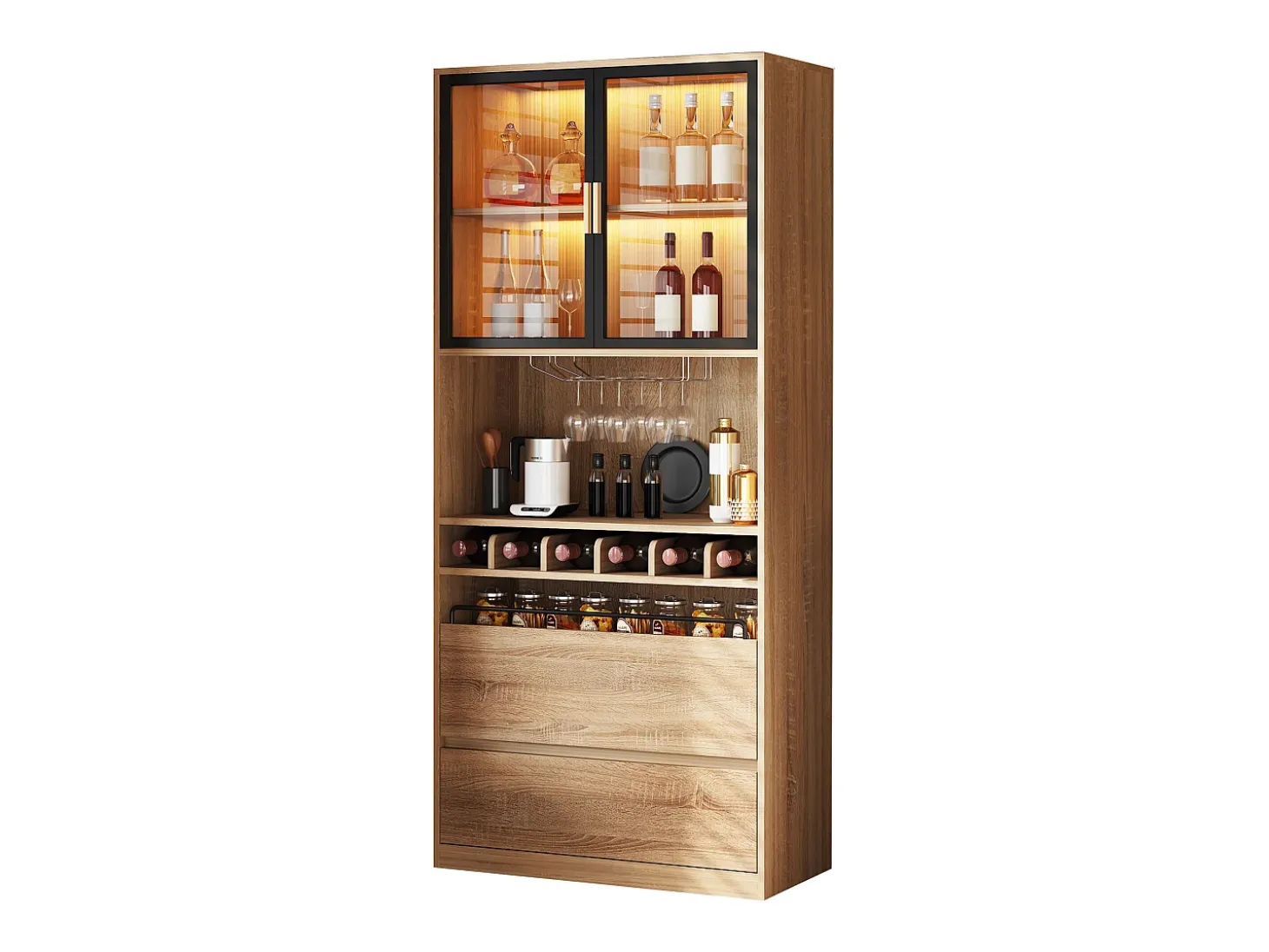 Vitrina con iluminación LED, puertas de cristal, MDF, natural (80x40x180 cm)