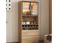 Vitrina con iluminación LED, puertas de cristal, MDF, natural (80x40x180 cm)