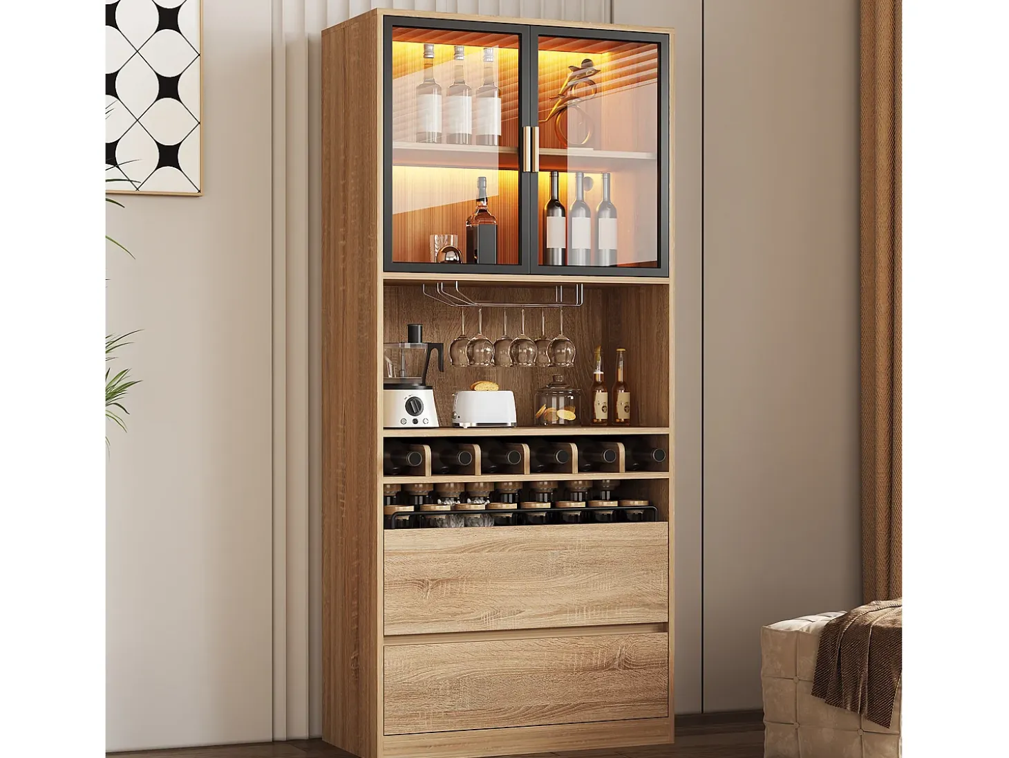 Vitrina con iluminación LED, puertas de cristal, MDF, natural (80x40x180 cm)
