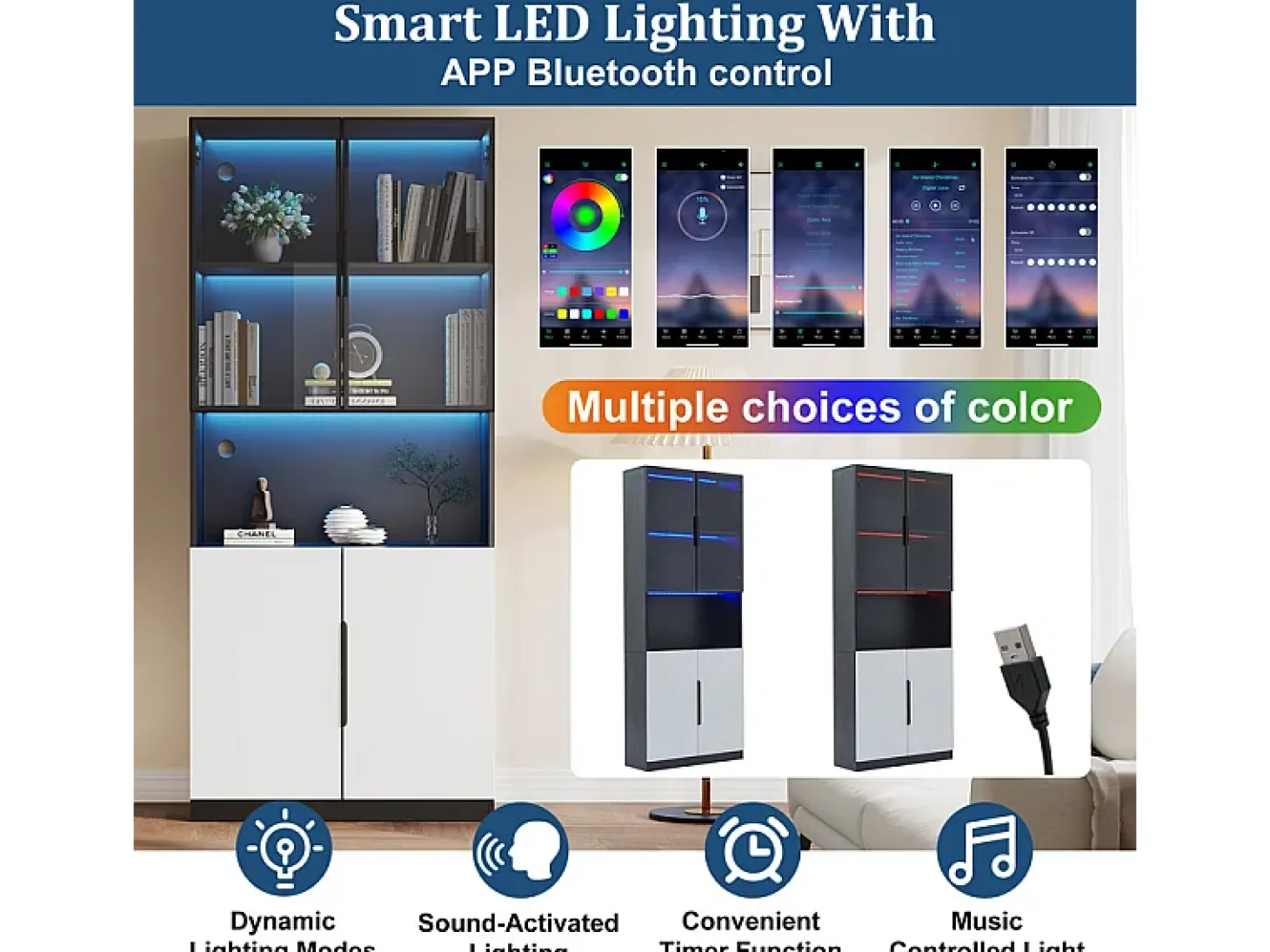 Vitrina con LED - 4 Puertas + 1 Hueco - Antivuelco - Color y Brillo Ajustable 80x30x200cm