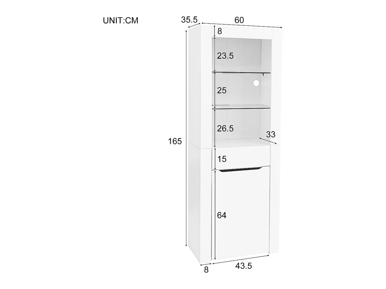 Vitrina con LED - Al. 165 cm - gran espacio de almacenamiento - Blanco