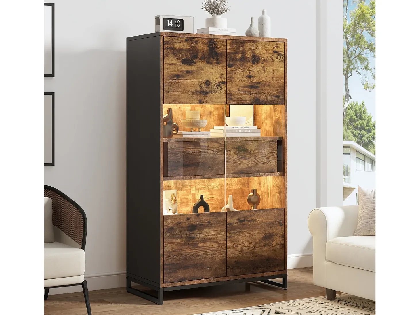 Vitrina con LED, 4 puertas, estantes regulables, color negro y madera (80x40x138 cm)