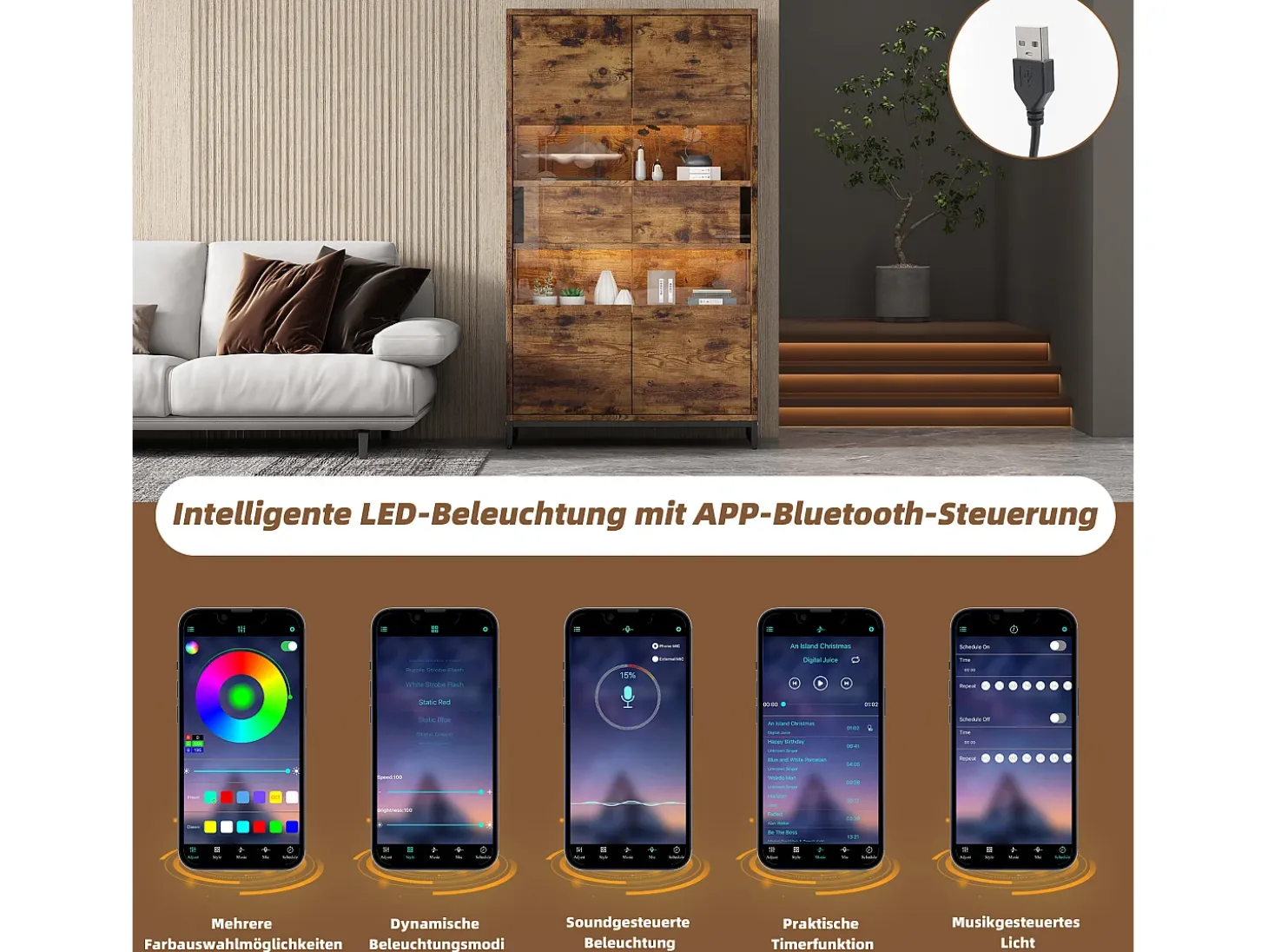 Vitrina con LED, 4 puertas, estantes regulables, color negro y madera (80x40x138 cm)