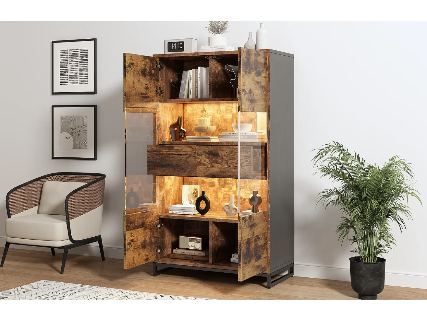 Vitrina con LED, 4 puertas, estantes regulables, color negro y madera (80x40x138 cm)